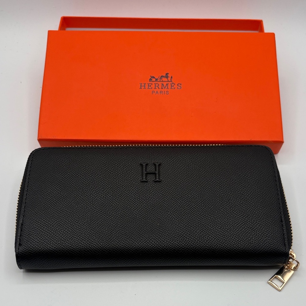 Hermès Black Epsom Leather Zip Wallet with Gold Hardware